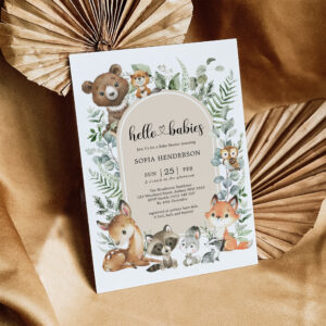 Hello Babies Boho Woodland Twin Baby Shower Invitation