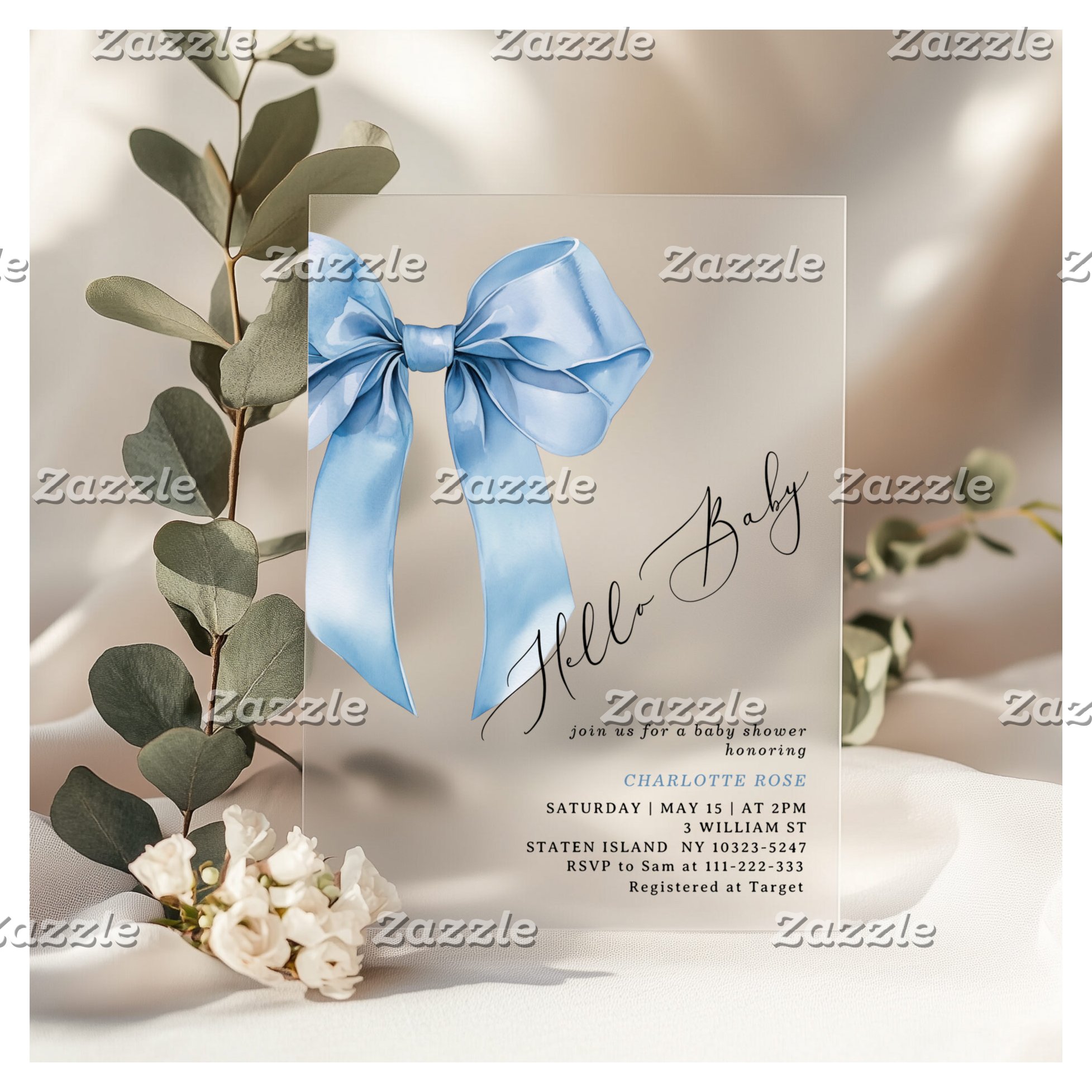 Hello Baby Boy Blue bow Baby shower Acrylic Invitations