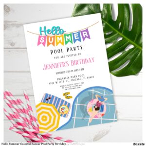 Hello Summer Colorful Banner Pool Party Birthday Invitation