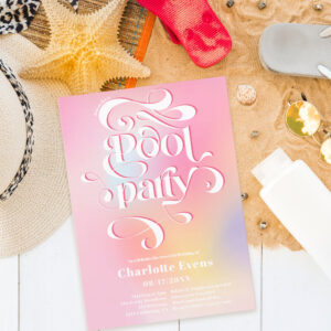 Holographic pink pool party script swirls Sweet 16 Invitation