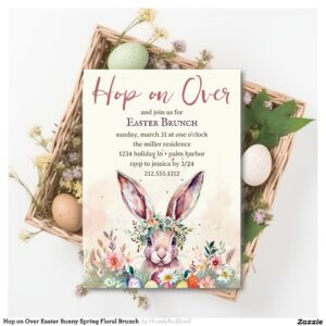 Hop on Over Easter Bunny Spring Floral Brunch Invitation