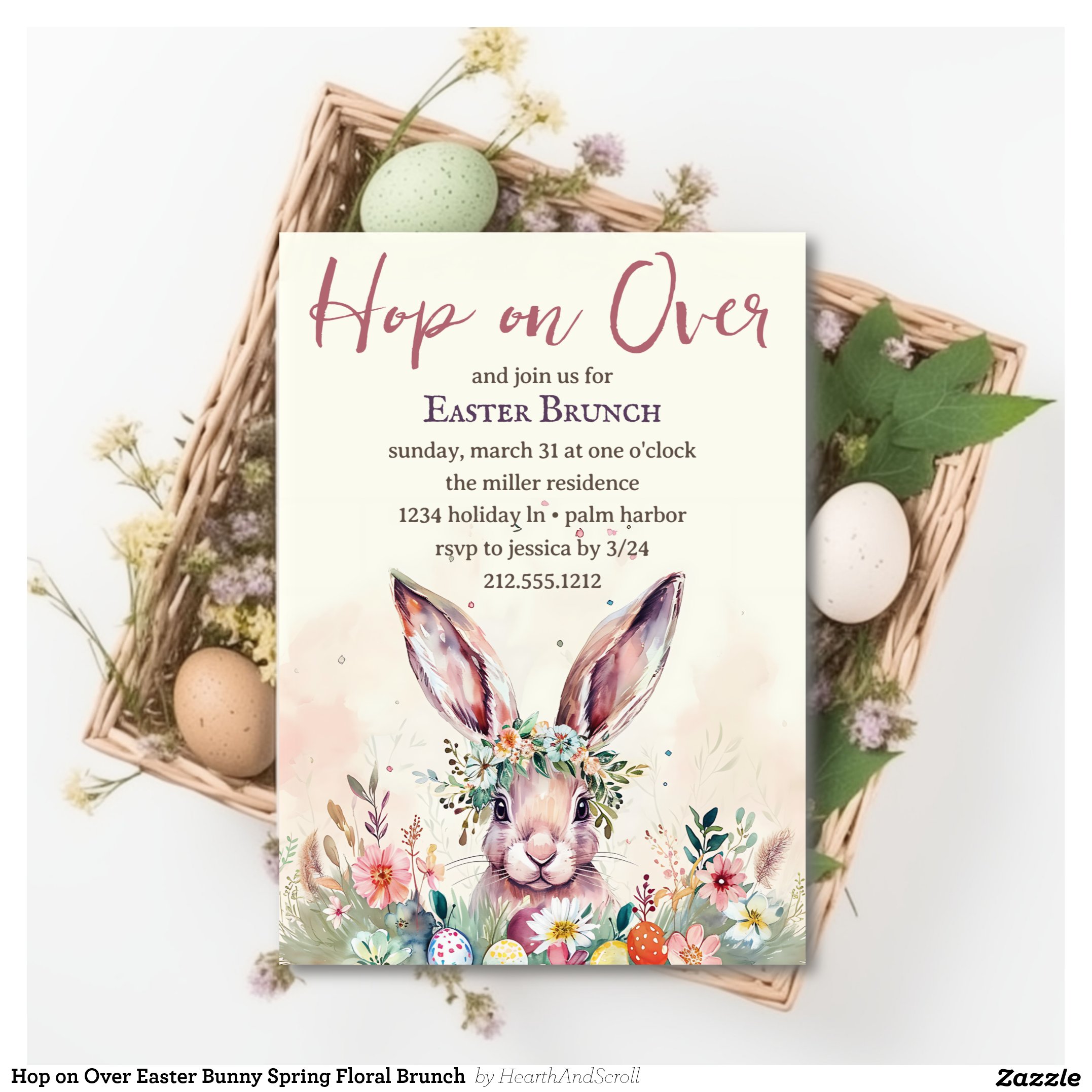 Hop on Over Easter Bunny Spring Floral Brunch Invitation