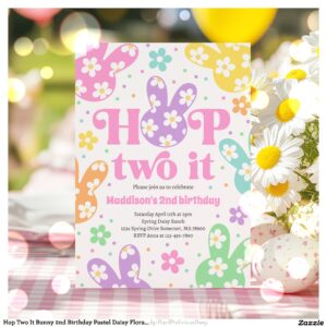 Hop Two It Bunny 2nd Birthday Pastel Daisy Floral Invitation