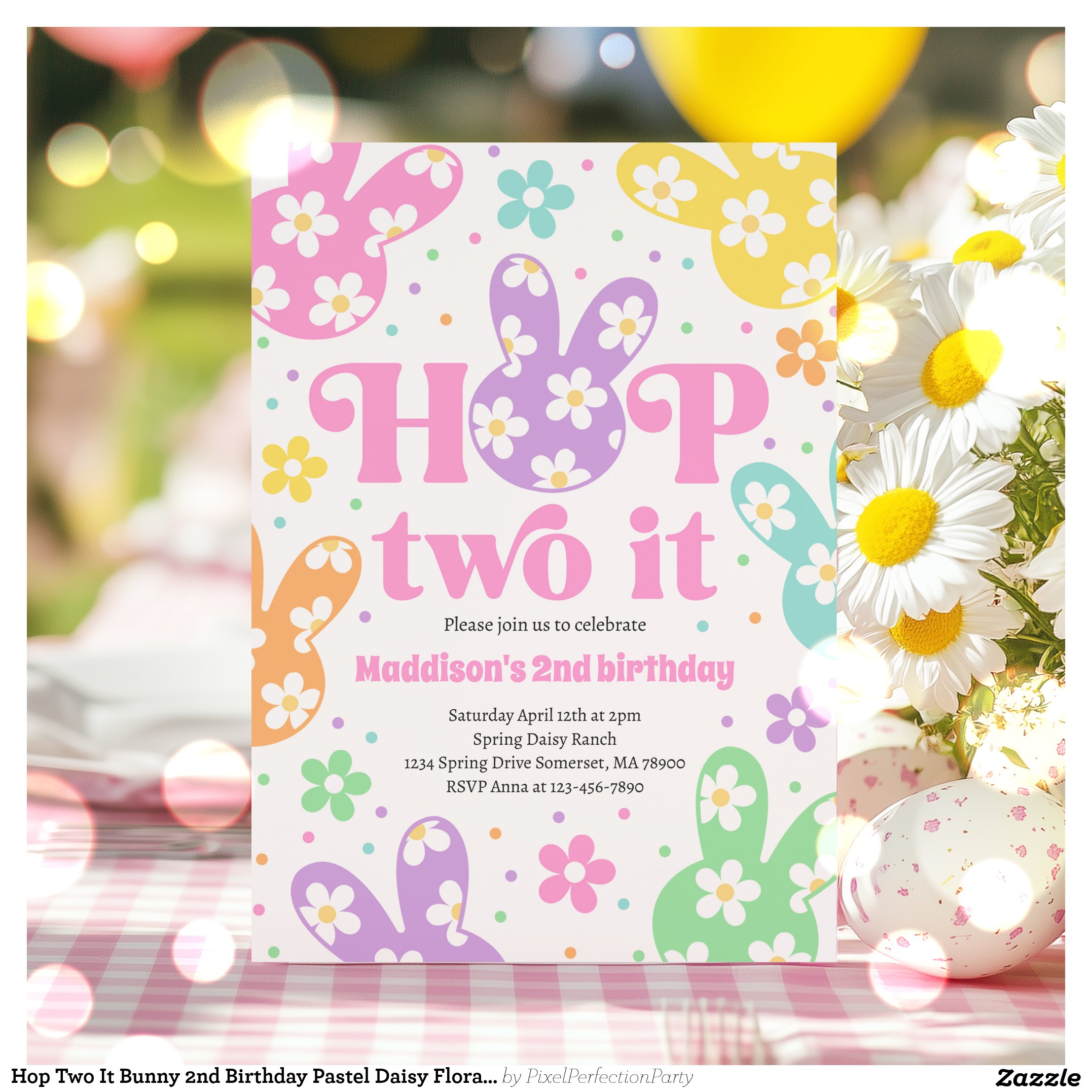 Hop Two It Bunny 2nd Birthday Pastel Daisy Floral Invitation