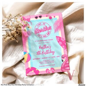 Hot Pink Blue Pool Birthday Party Invitation