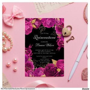 Hot Pink Gold Exclusive Floral Quinceanera Invitation
