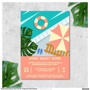 Housewarming Pool Party Tropical Pool Scene Invitation
