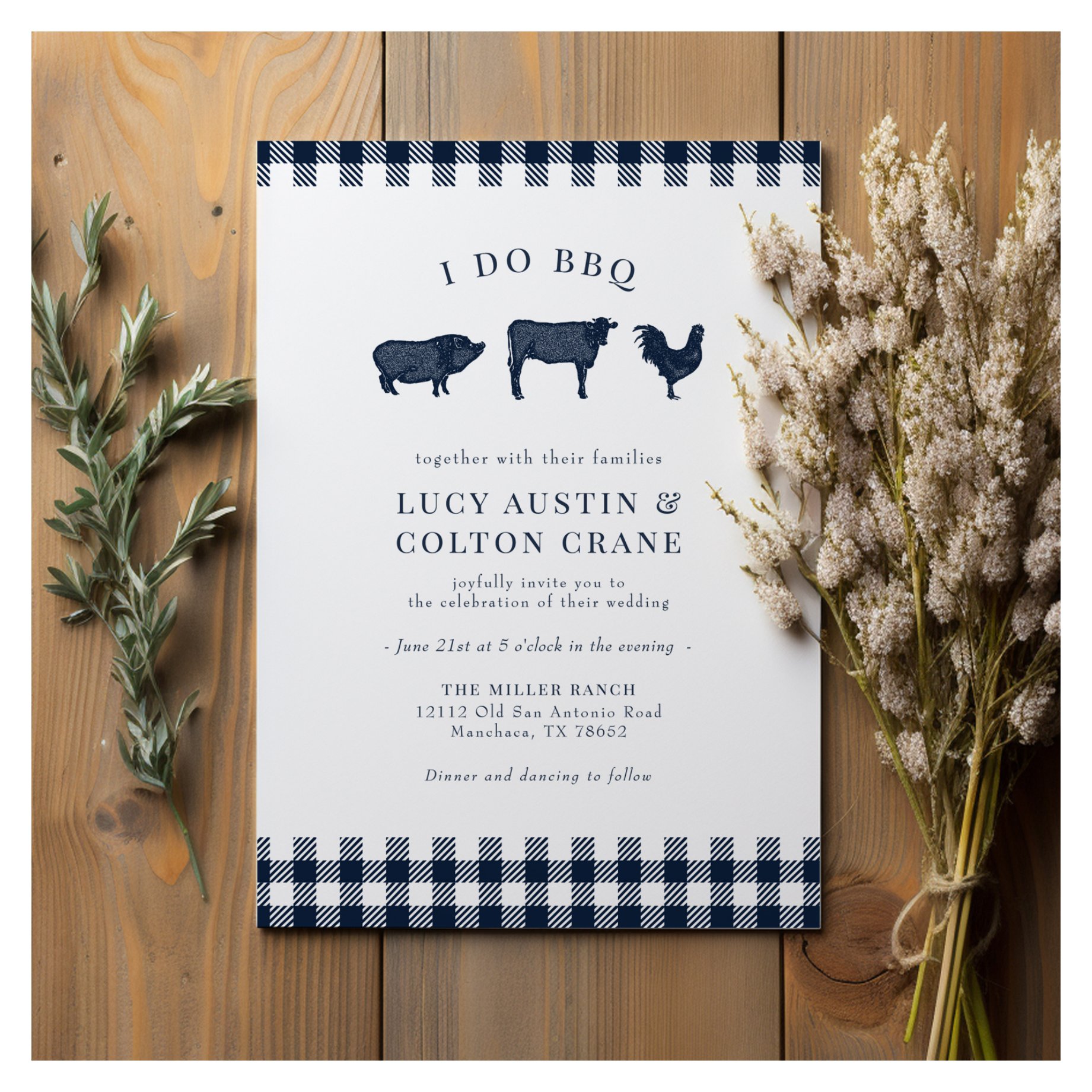 I Do BBQ Rustic Country Navy Blue Picnic Wedding Invitation
