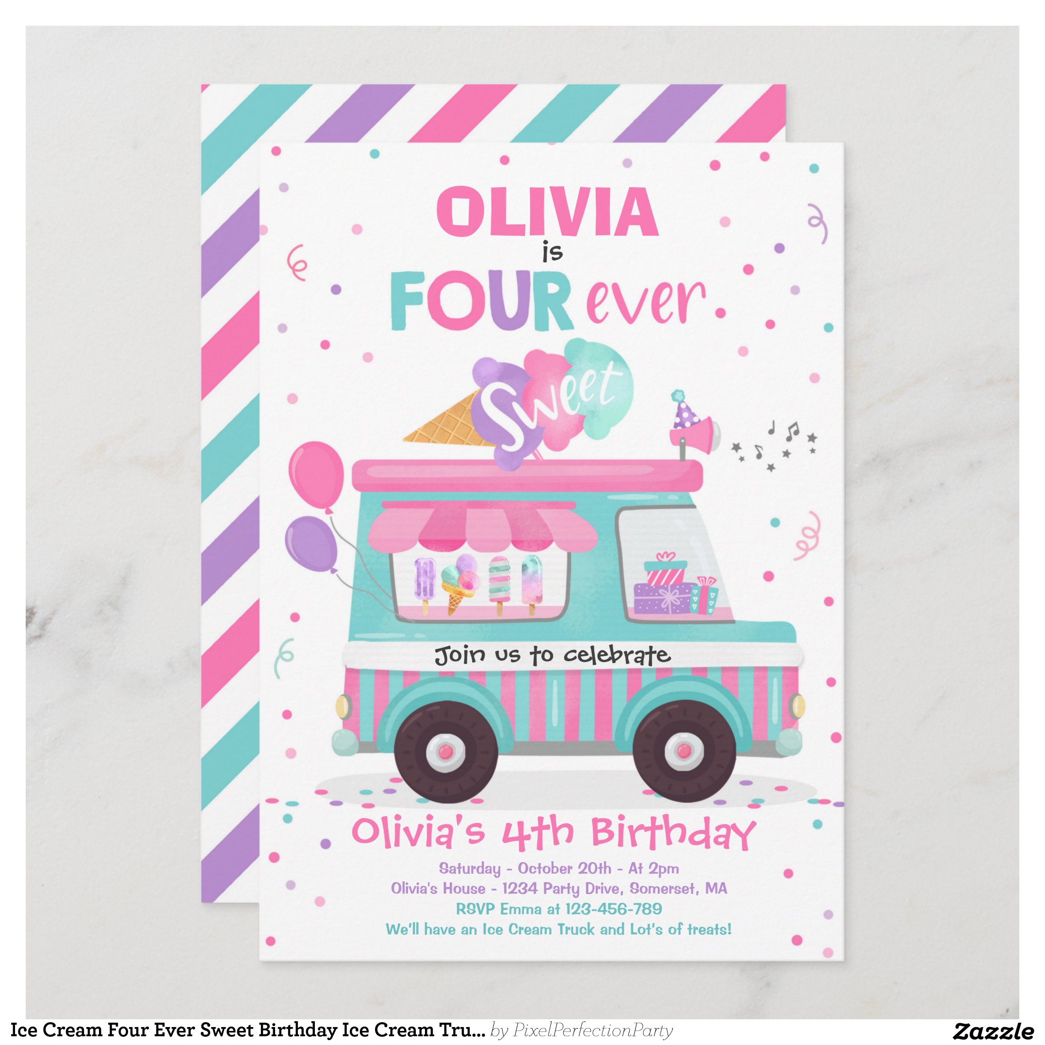 Ice Cream Four Ever Sweet Birthday Ice Cream Truck Invitation