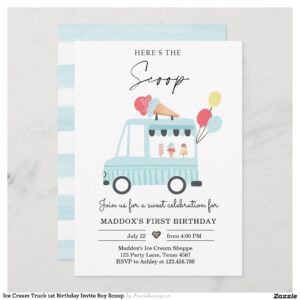 Ice Cream Truck 1st Birthday Invite Boy Scoop