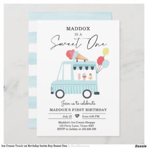 Ice Cream Truck 1st Birthday Invite Boy Sweet One