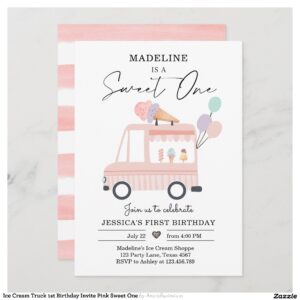 Ice Cream Truck 1st Birthday Invite Pink Sweet One