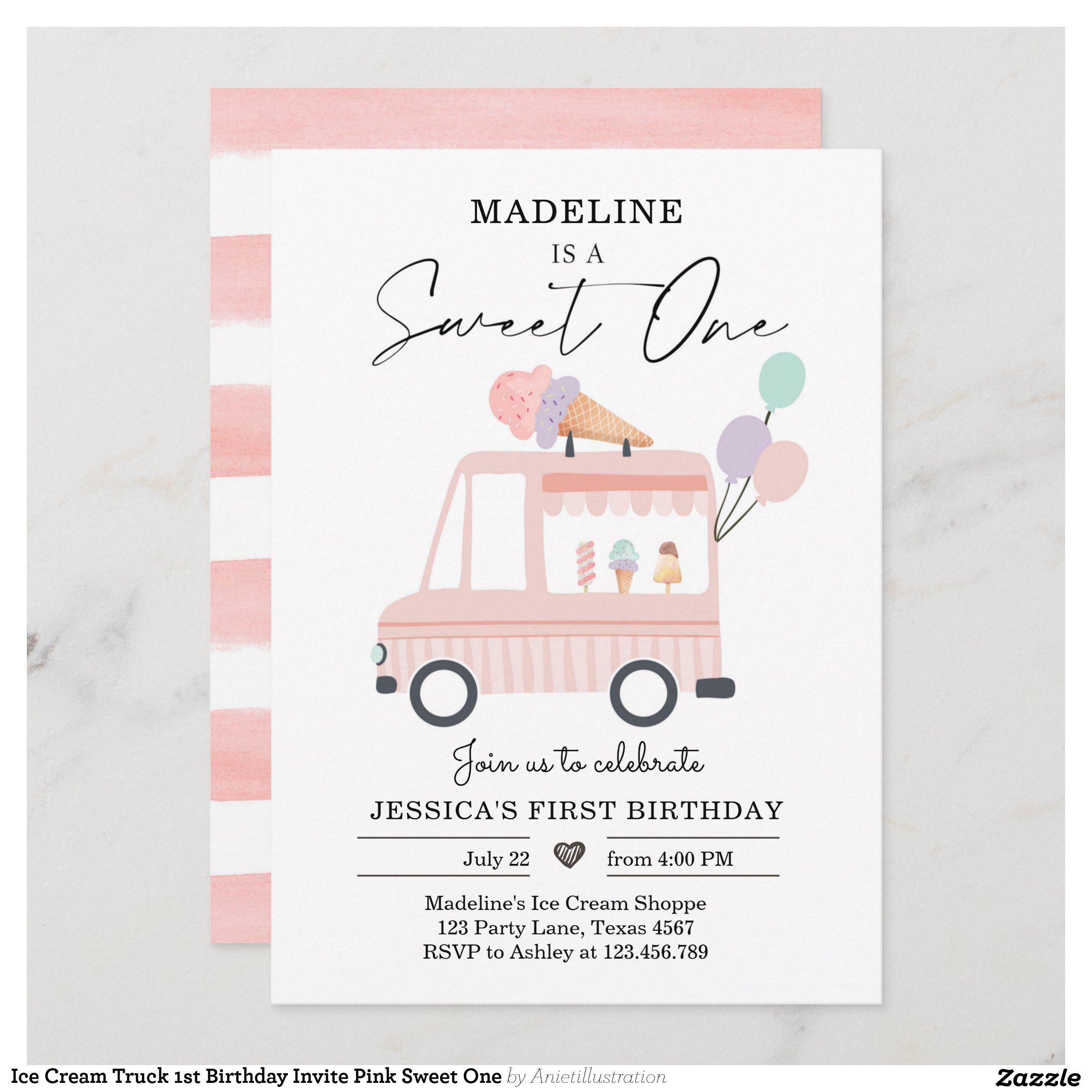 Ice Cream Truck 1st Birthday Invite Pink Sweet One