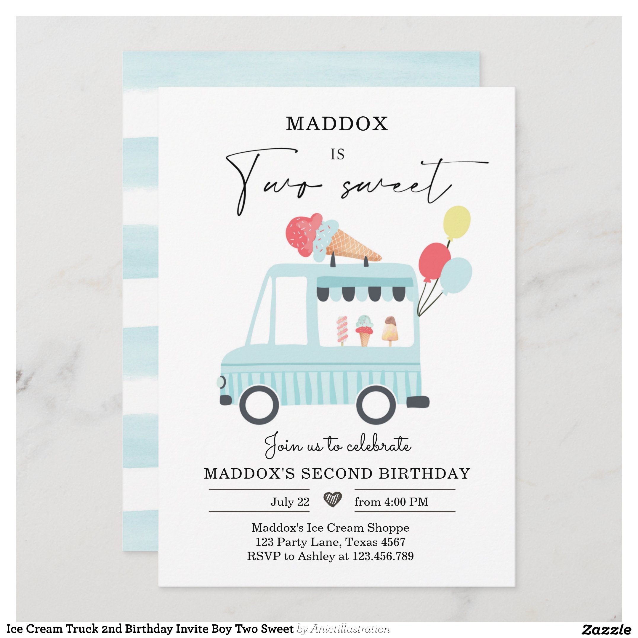 Ice Cream Truck 2nd Birthday Invite Boy Two Sweet