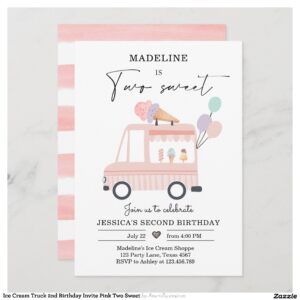 Ice Cream Truck 2nd Birthday Invite Pink Two Sweet