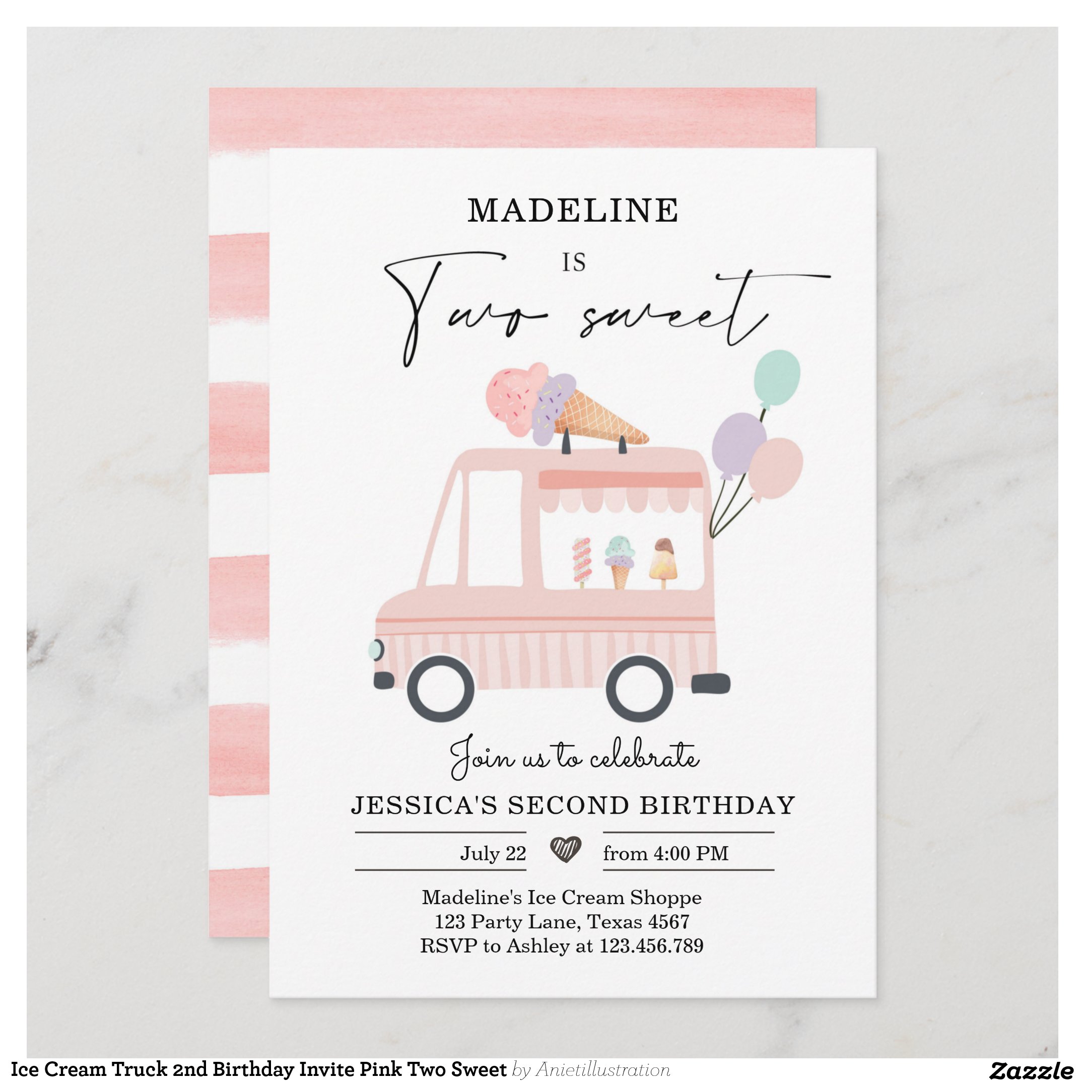 Ice Cream Truck 2nd Birthday Invite Pink Two Sweet