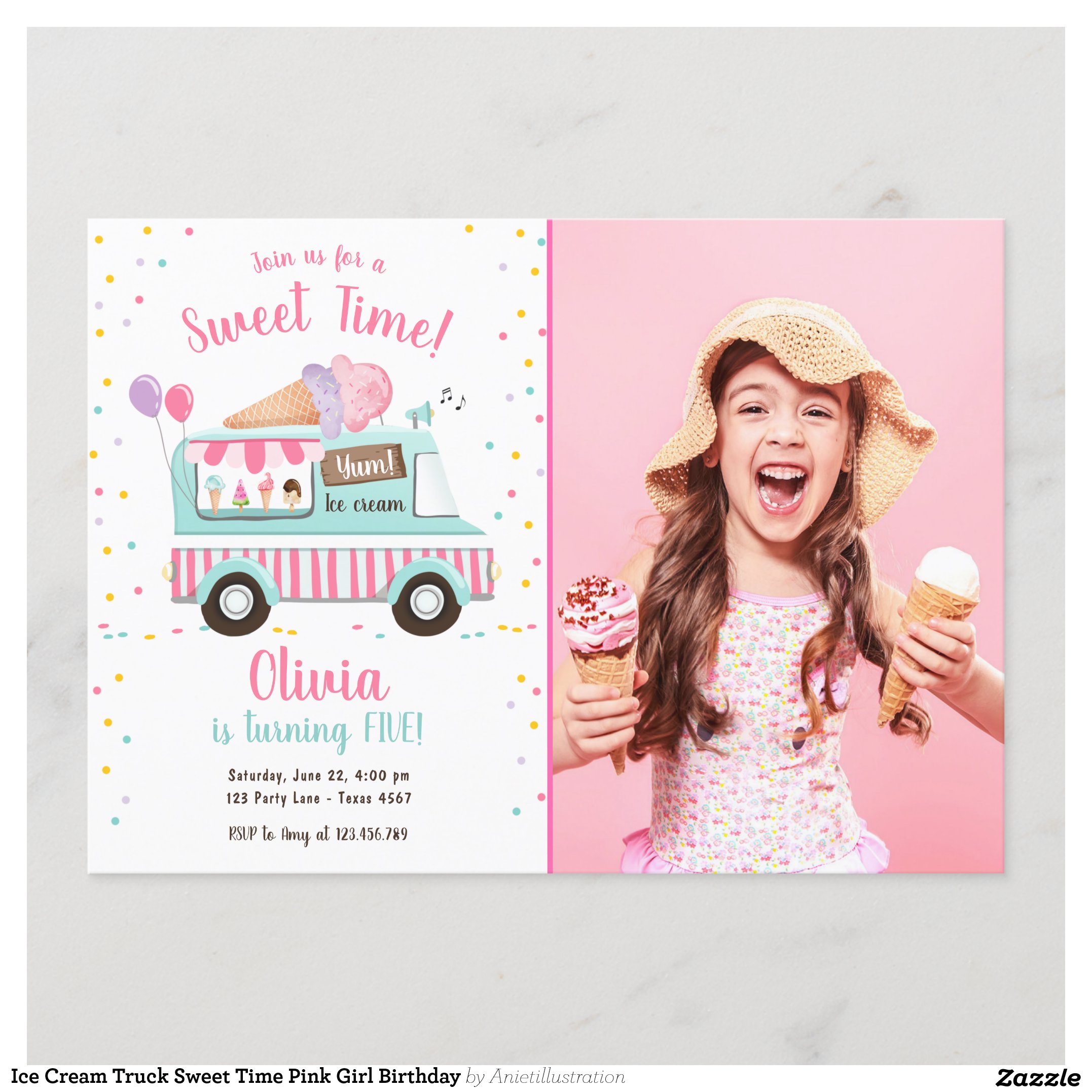 Ice Cream Truck Sweet Time Pink Girl Birthday Invitation