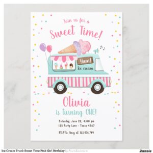 Ice Cream Truck Sweet Time Pink Girl Birthday Invitation