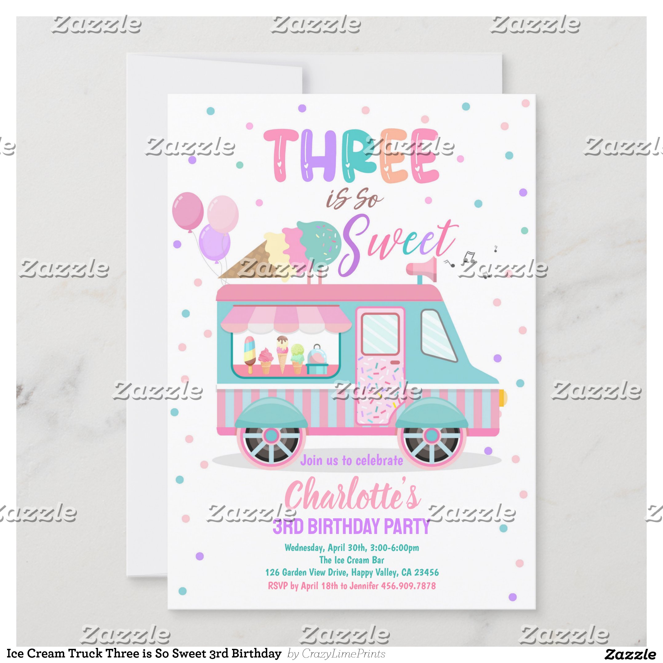 Ice Cream Truck Three is So Sweet 3rd Birthday Invitation