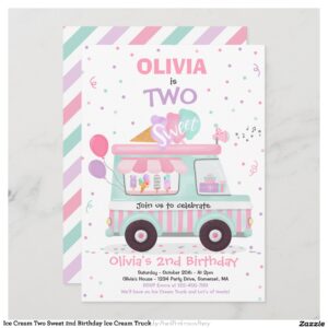 Ice Cream Two Sweet 2nd Birthday Ice Cream Truck Invitation
