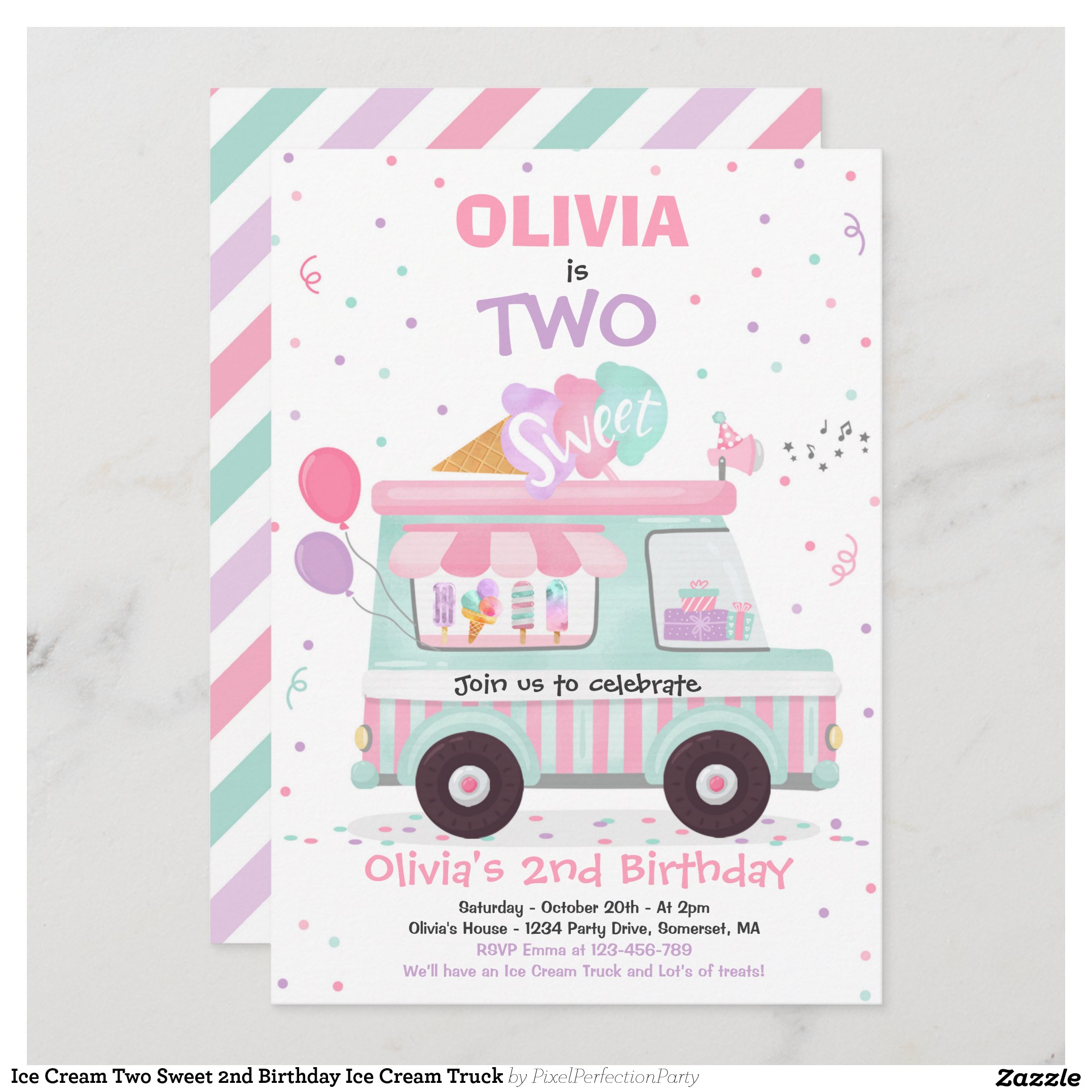 Ice Cream Two Sweet 2nd Birthday Ice Cream Truck Invitation