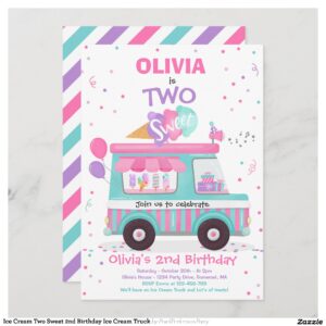 Ice Cream Two Sweet 2nd Birthday Ice Cream Truck Invitation