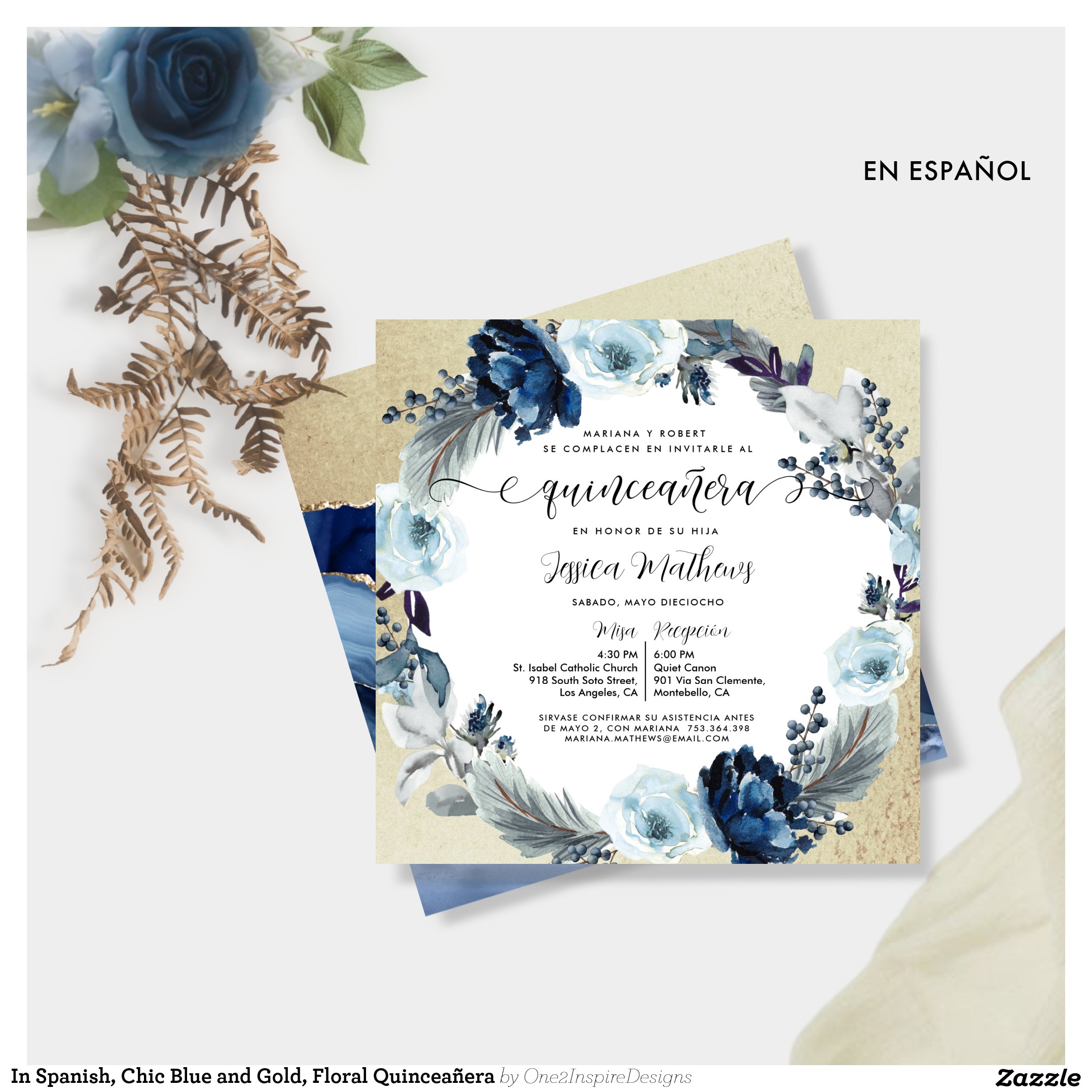 In Spanish, Chic Blue and Gold, Floral Quincea?era Invitation
