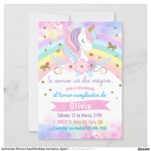 Invitaci?n Unicorn head birthday invitation, Spani Invitation