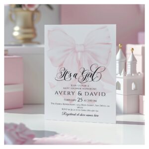 It?s a Girl Pink Bow Modern Elegant Baby Shower Invitation