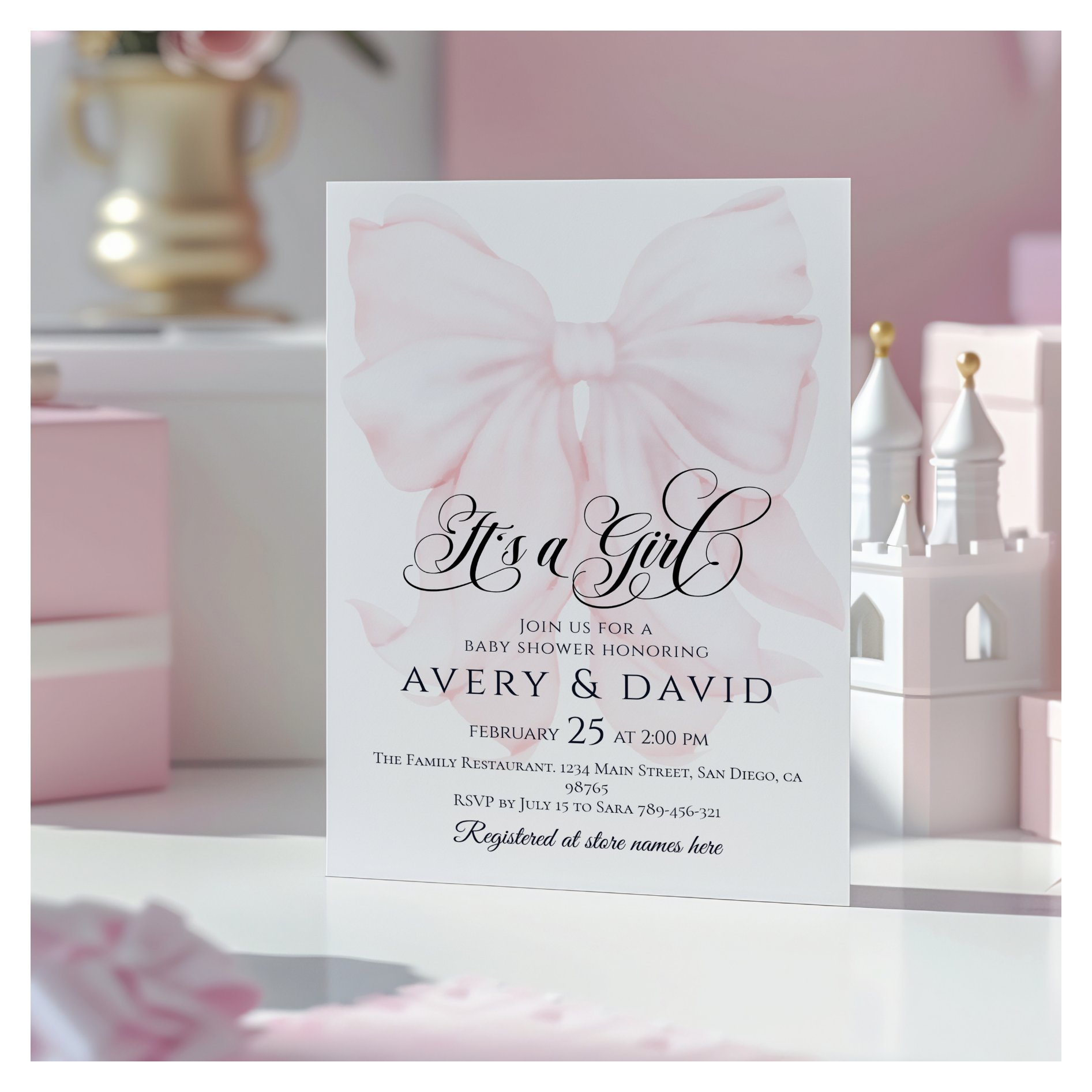 It?s a Girl Pink Bow Modern Elegant Baby Shower Invitation