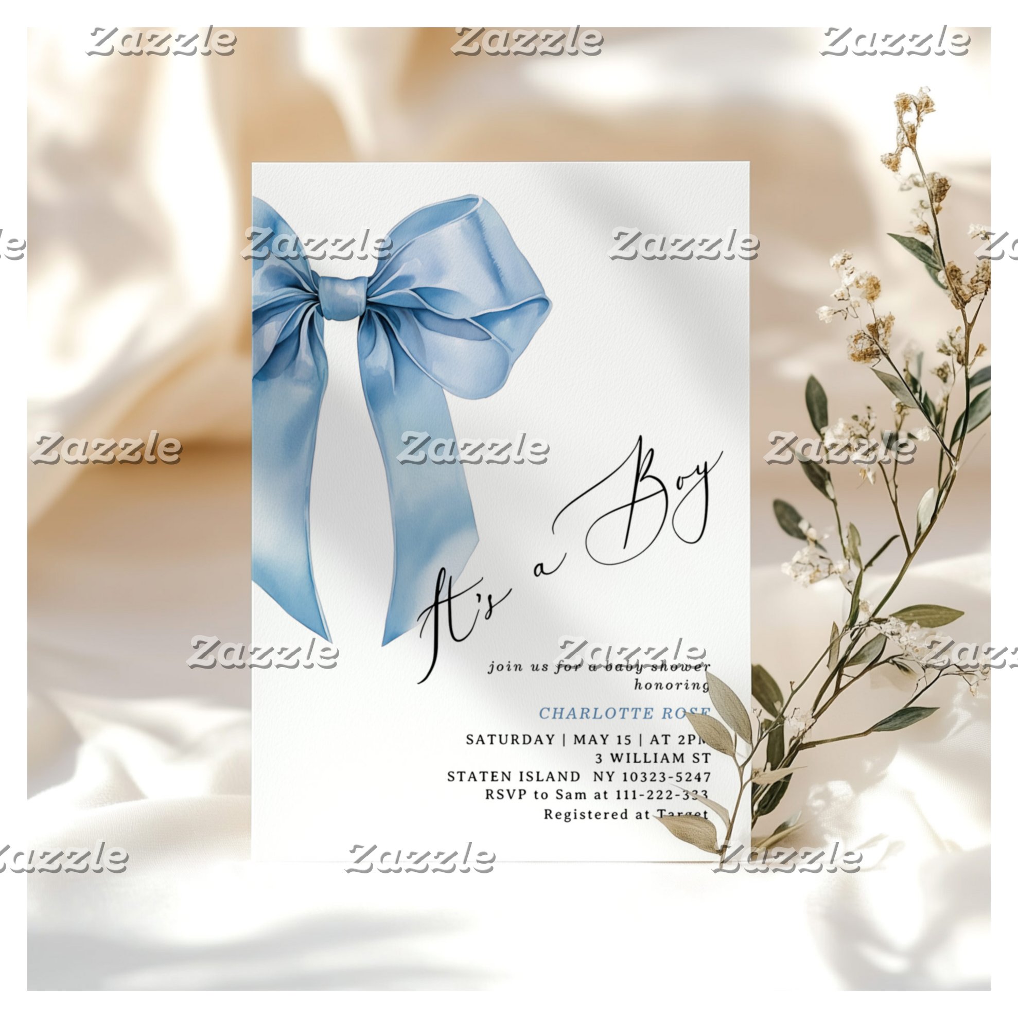 Its a boy Blue Bow Elegant Baby Shower Invitation