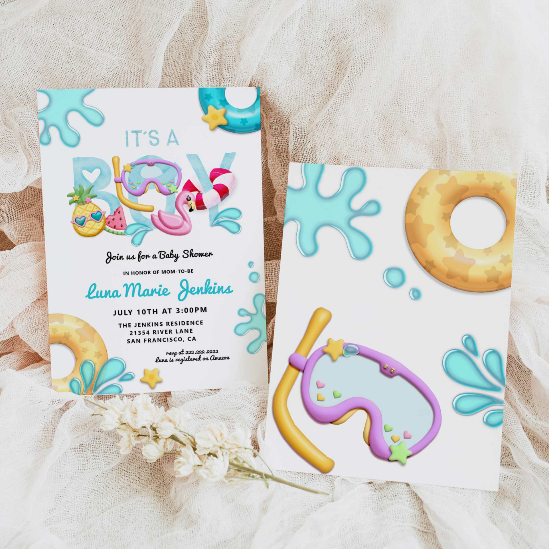 It's a Boy Fun Summer Tropical Pool Baby Shower Invitation