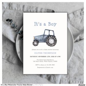 It's a Boy Watercolor Tractor Baby Shower Invitation