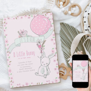 It's a Girl Little Bunny with Balloon Pregnancy Announcement