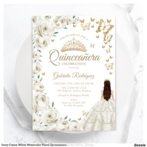 Ivory Cream White Watercolor Floral Quinceanera Invitation