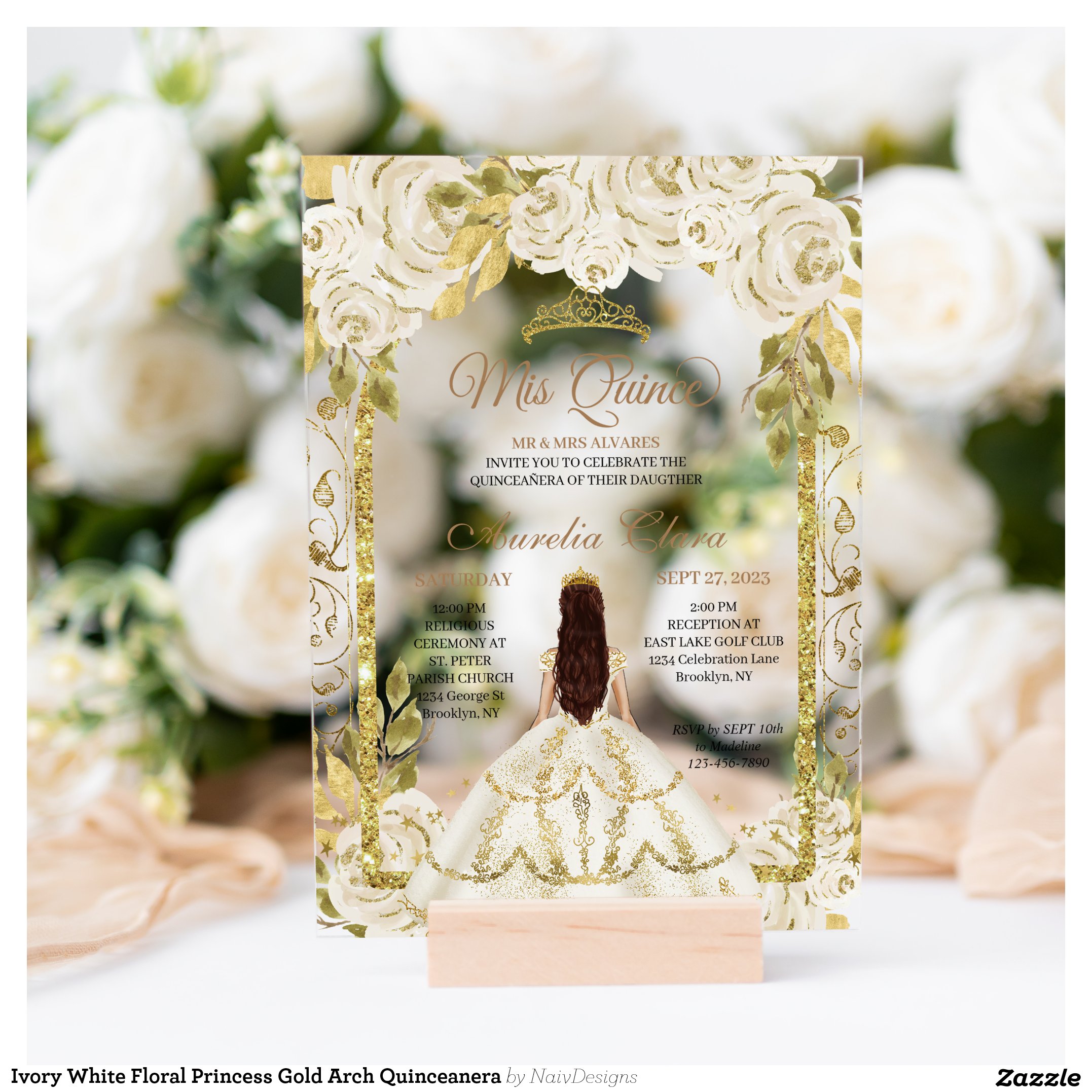 Ivory White Floral Princess Gold Arch Quinceanera Acrylic Invitations
