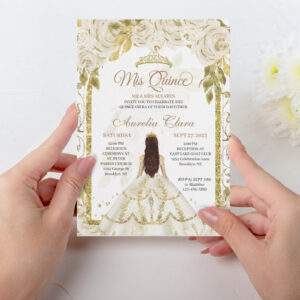 Ivory White Floral Princess Gold Arch Quinceanera Invitation