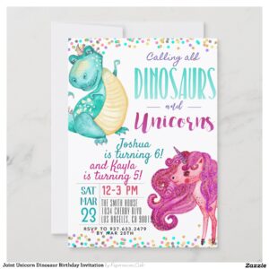 Joint Unicorn Dinosaur Birthday Invitation