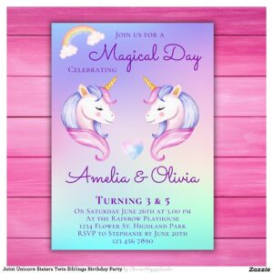 Joint Unicorn Sisters Twin Siblings Birthday Party Invitation