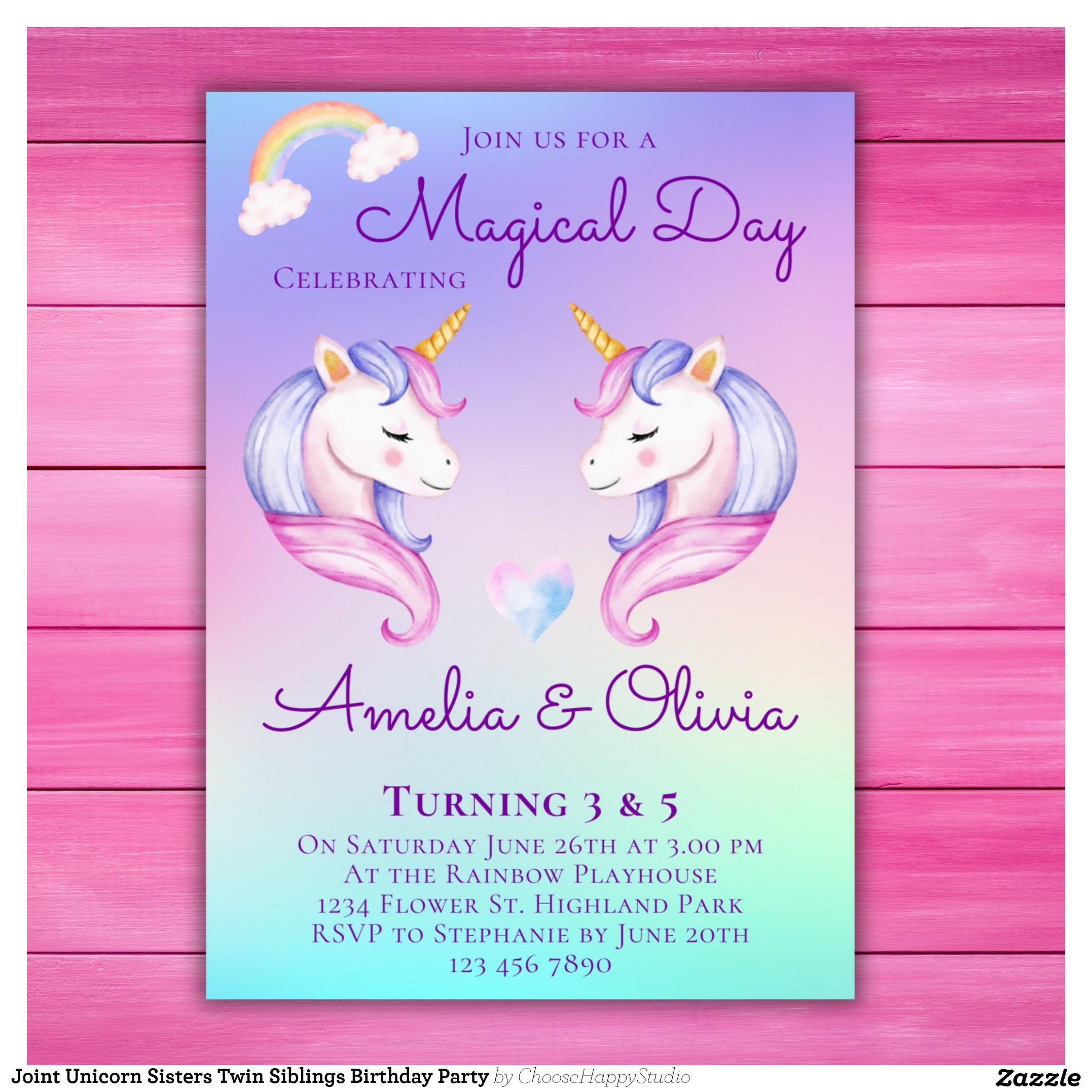 Joint Unicorn Sisters Twin Siblings Birthday Party Invitation