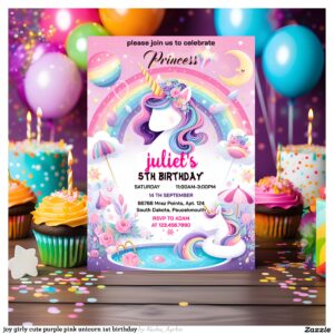 joy girly cute purple pink unicorn 1st birthday invitation