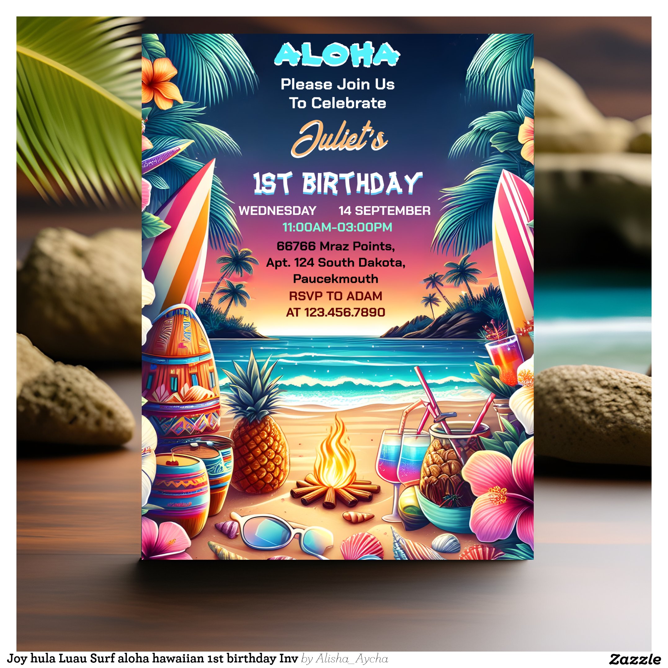 Joy hula Luau Surf aloha hawaiian 1st birthday Inv Invitation