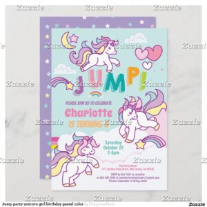 Jump party unicorn girl birthday pastel color invitation