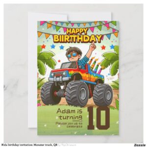 Kids birthday invitation: Monster truck, QR Invitation