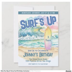 Kids Fun Beach Party Surf Birthday Invitation