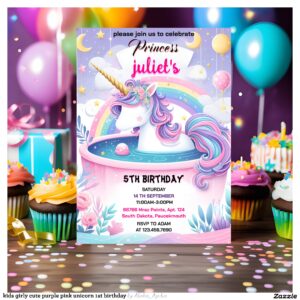 kids girly cute purple pink unicorn 1st birthday invitation