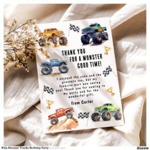 Kids Monster Trucks Birthday Party Thank You Card