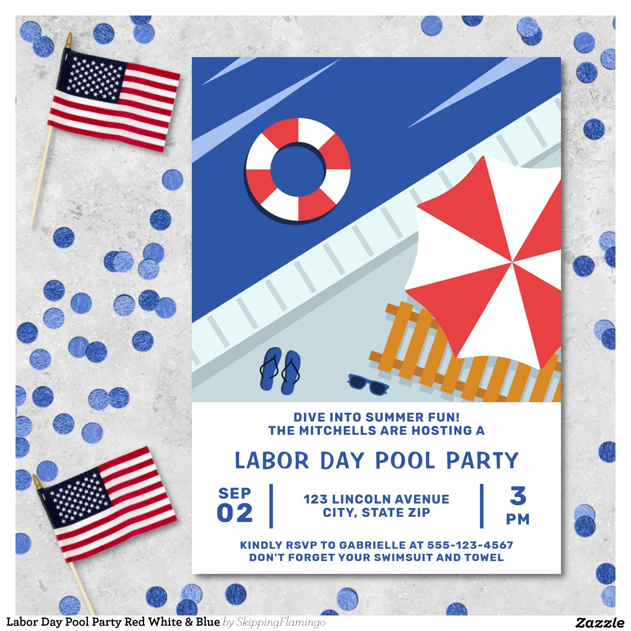 Labor Day Pool Party Red White & Blue Invitation