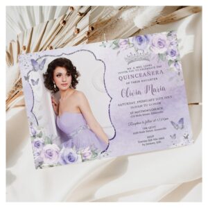Lavender Lilac Purple Floral Photo Quincea?era Invitation