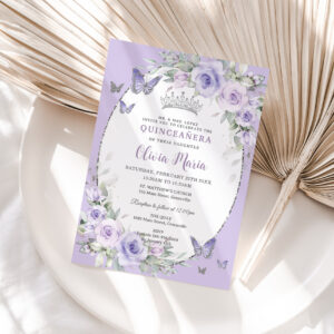 Lavender Purple Floral Butterflies Quincea?era Invitation